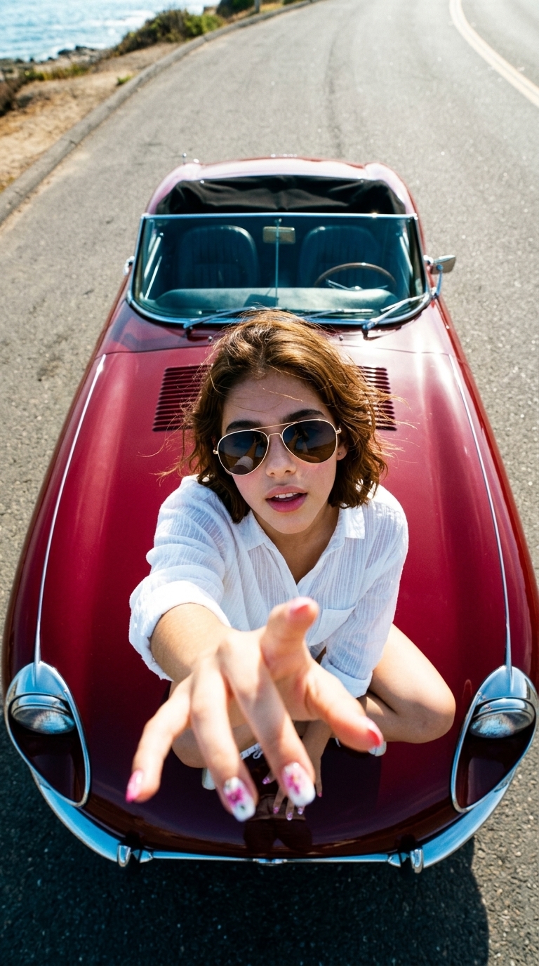 Cinematic Top-Down Sports Car Portrait with Glasses