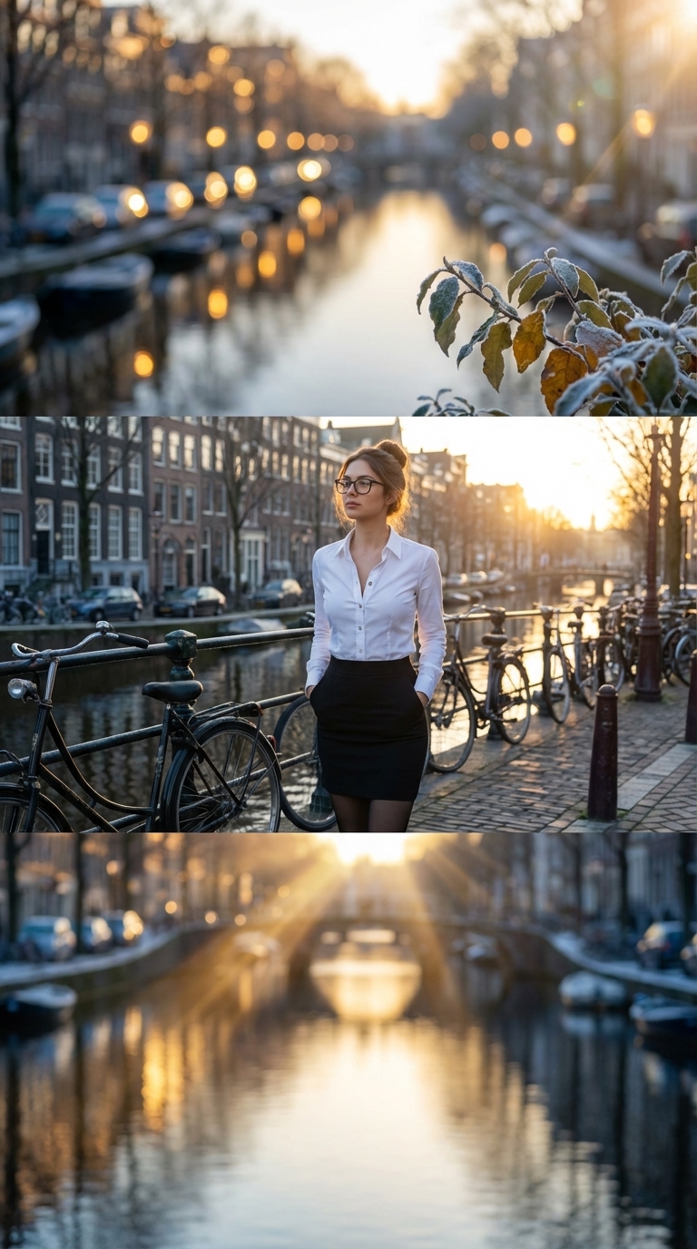 Cinematic Winter Canal Golden Hour Portrait 8K