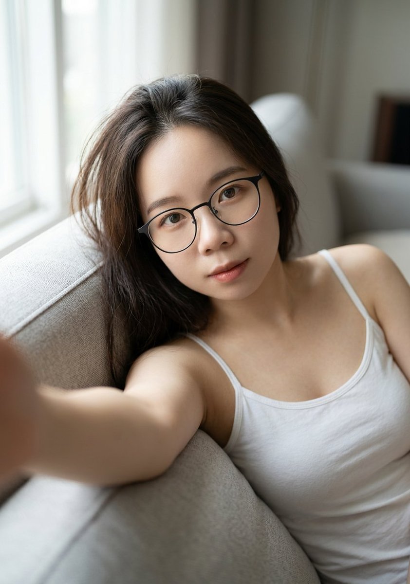 Cozy Couch Portrait: Gentle Woman Soft Gaze