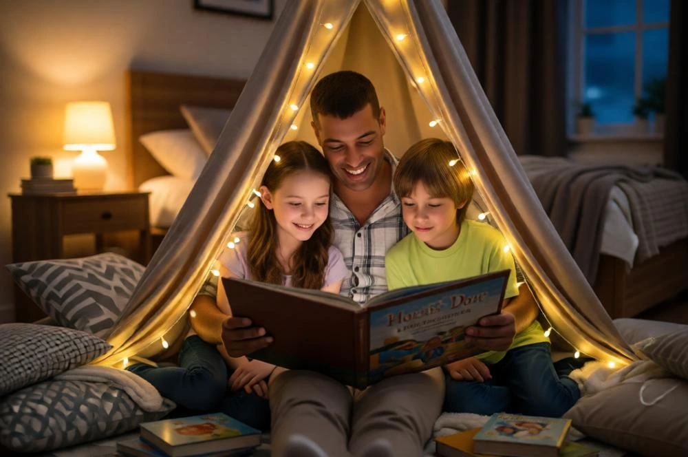Cozy Father's Day Blanket Fort Bedtime Story Scene