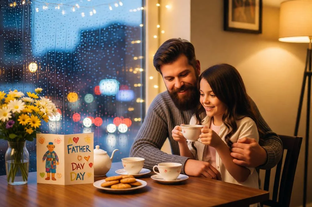 Cozy Father's Day Rainy Window Tea Scene