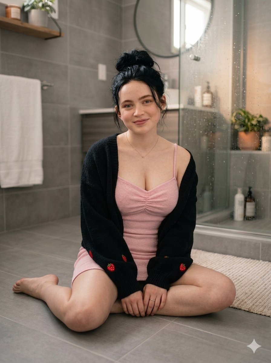 Cozy Pink Bathroom Portrait of Young Woman in Casual Loungewear