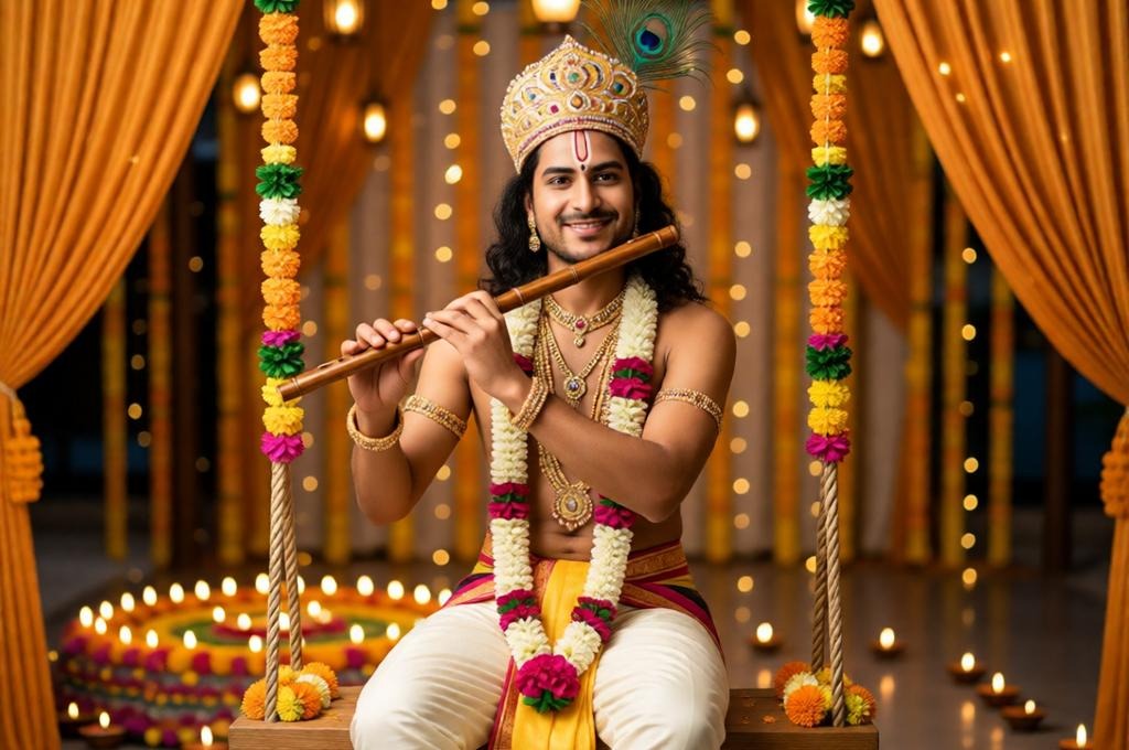 Divine Krishna Portrait with Crown, Feather & Butter