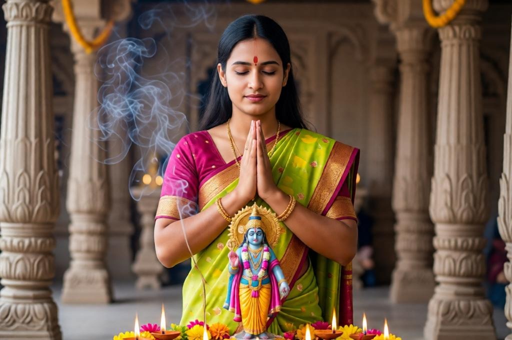 Divine Krishna Prayer Portrait – Photorealistic Temple Shot
