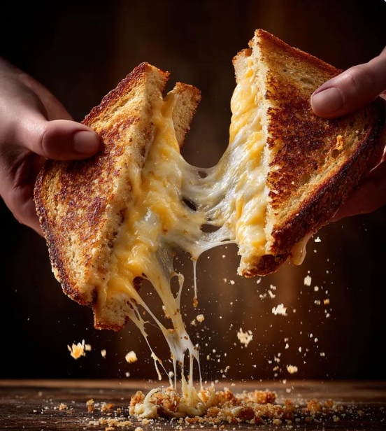 Dramatic Grilled Cheese Pull-Apart Cinematic Shot