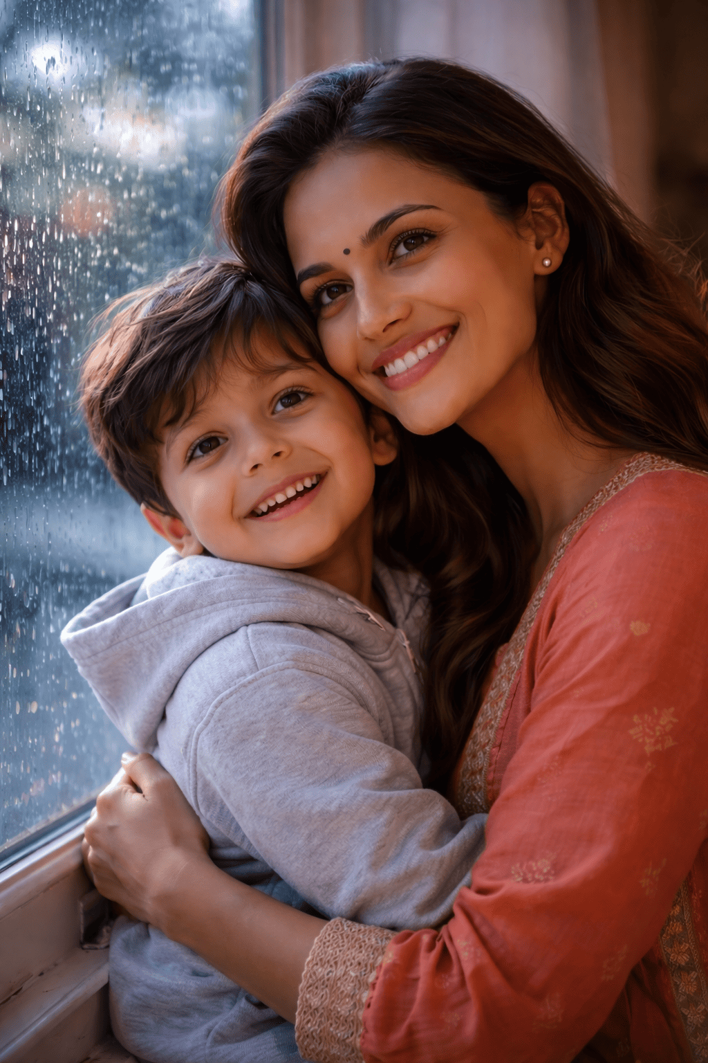 Dreamy Mother & Son Rainy Window Photo Prompt