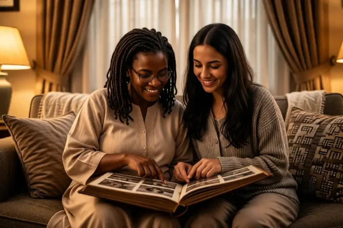 Elderly Mother & Daughter on Sofa Looking Through Photo Album