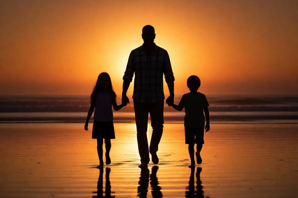 Father and Kids Silhouette Beach Sunset Art