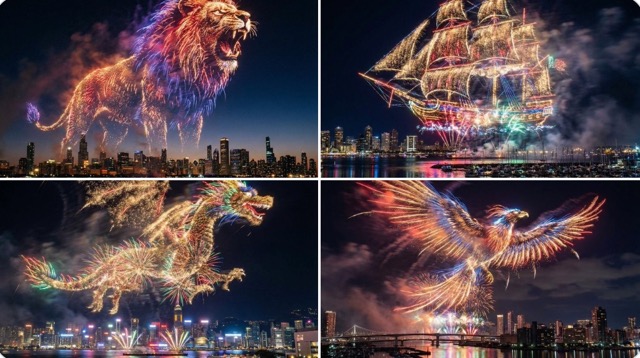 Fireworks Over Waterfront City Night Sky