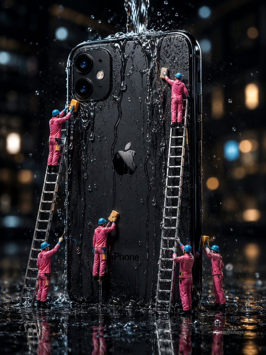 Generative AI Image Prompt - Miniature Cleaners Washing Giant iPhone
