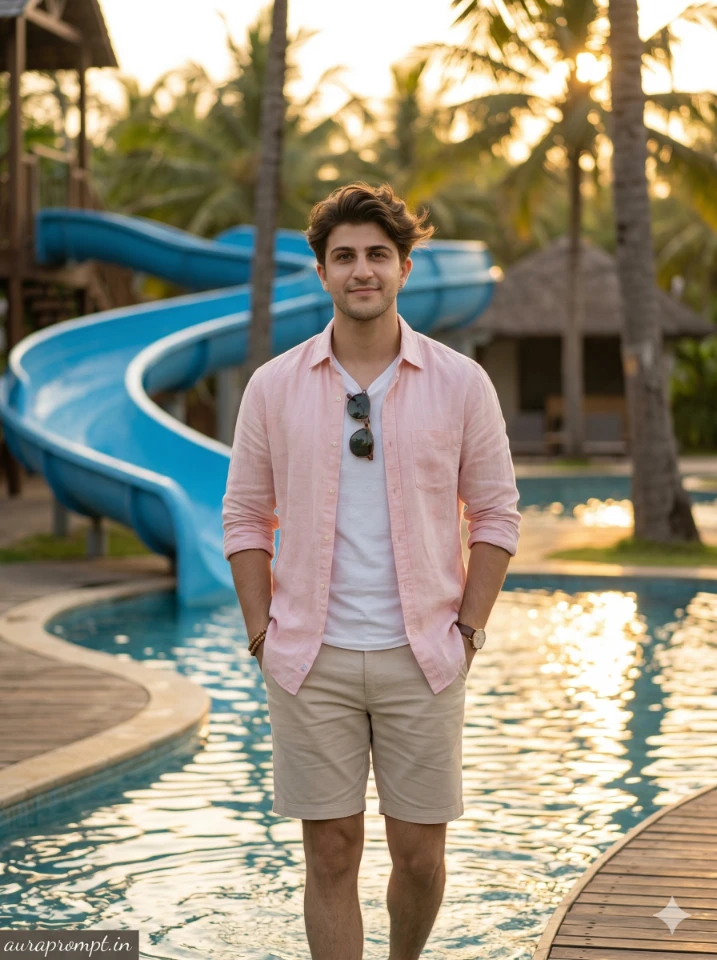 Golden Hour Tropical Water Park Portrait Prompt