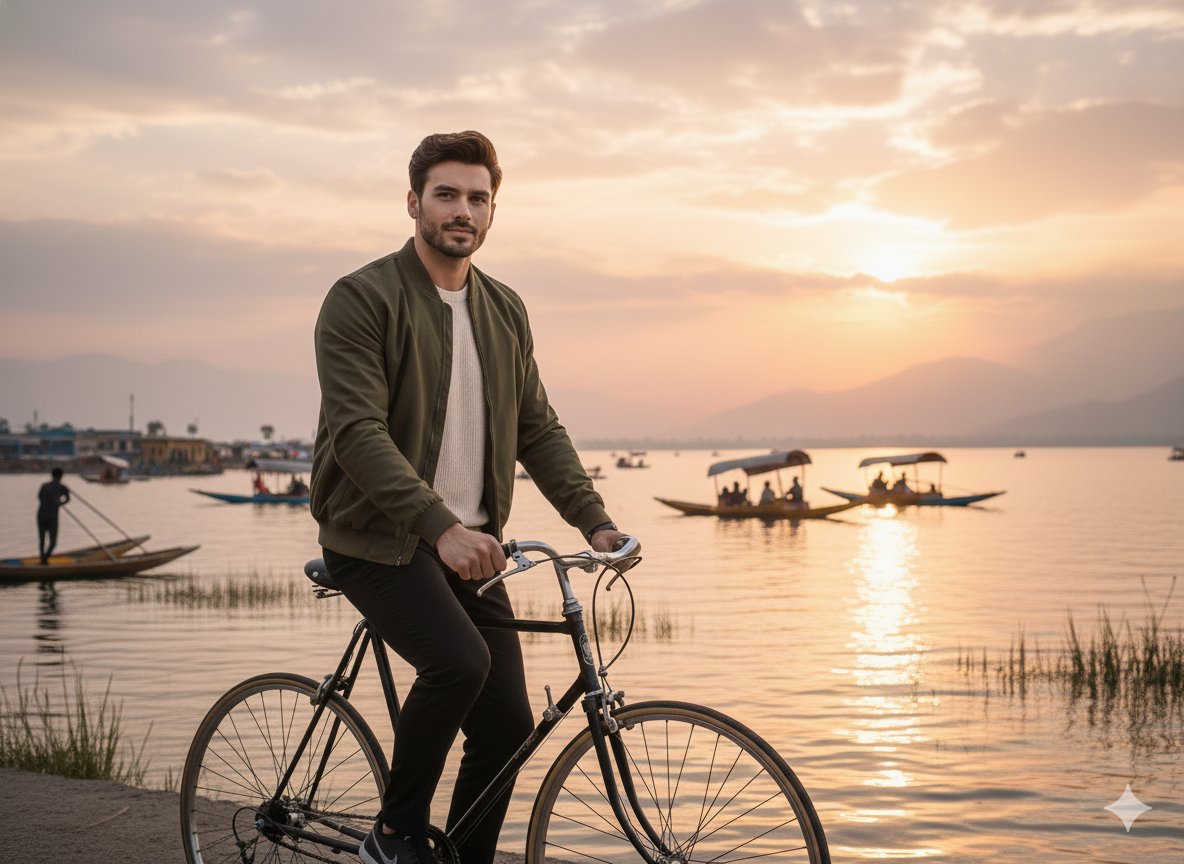 Handsome Man Cycling at Dal Lake Sunset Cinematic Photo