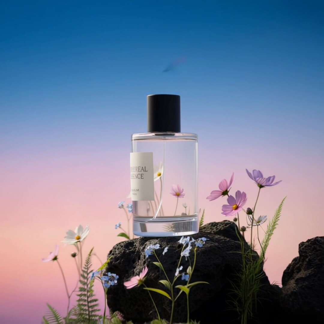 High-quality 3D product rendering AI prompt for luxury perfume on volcanic rock