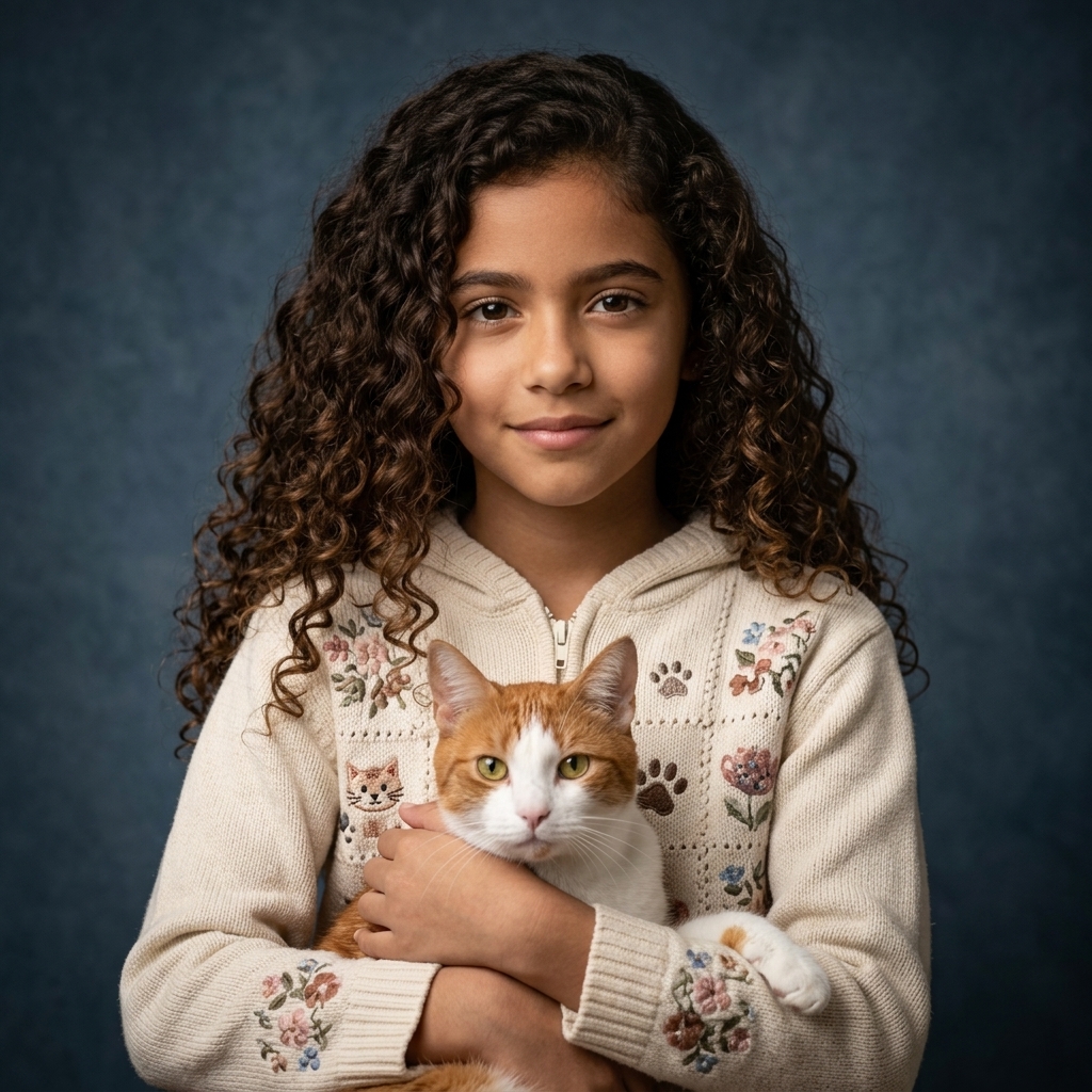 Hyper-Realistic Studio Portrait with Pet & Floral Cardigan