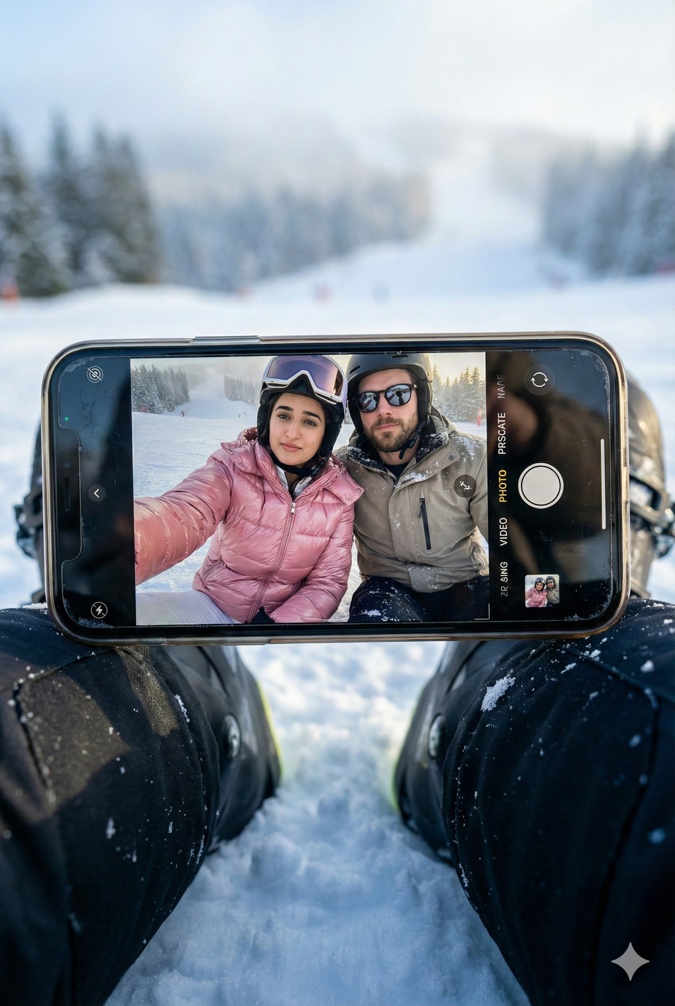 Hyper-Realistic Winter Ski Scene with iPhone Selfie