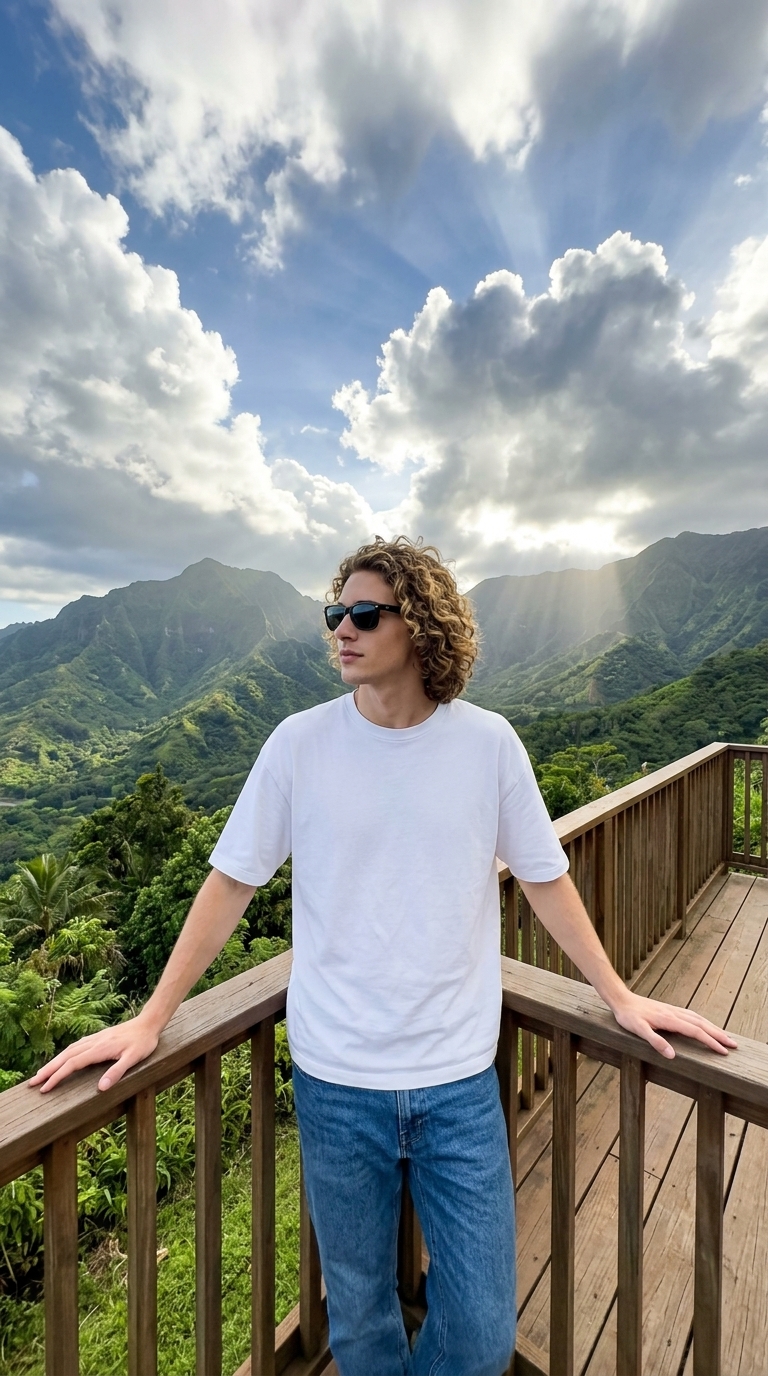 iPhone 15 Pro Ultra-Realistic Travel Portrait on Tropical Mountain