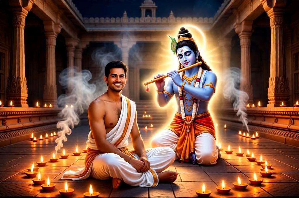 Krishna Appears Over Dhoti-Wearing Devotee at Night Temple