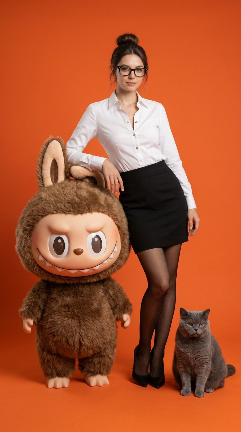 Labubu & British Shorthair Cat Studio Portrait