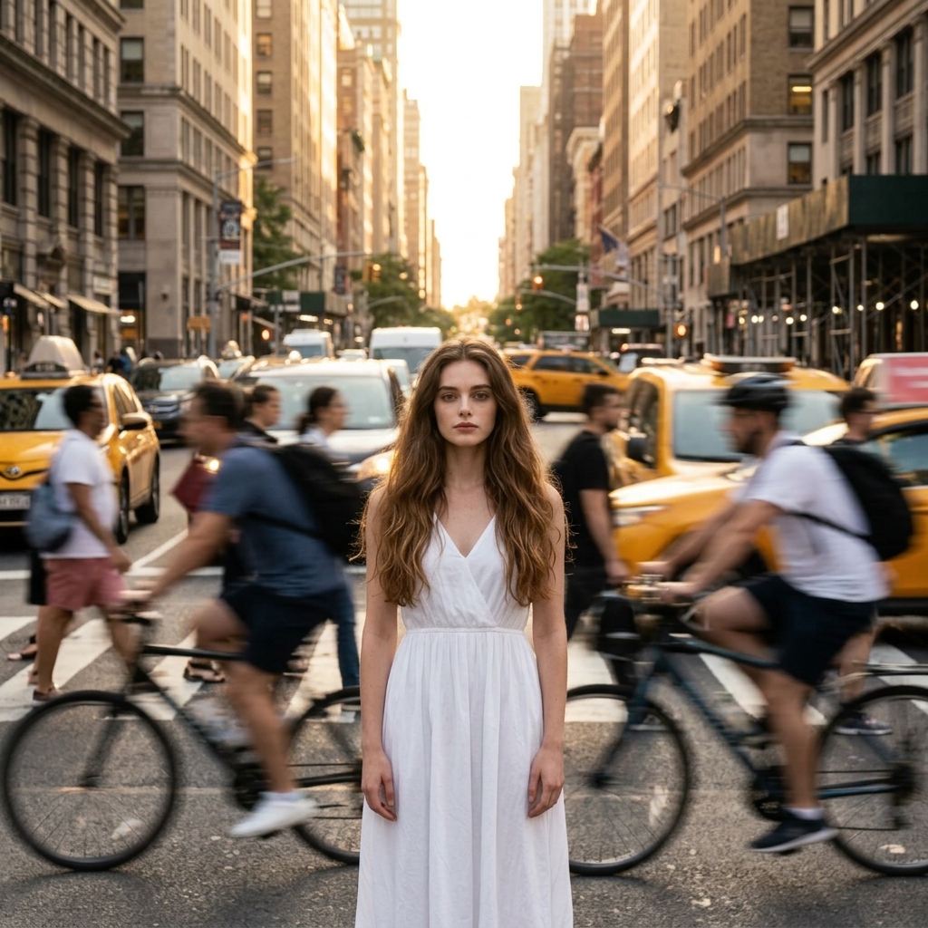 Lonely Figure Still in Bustling City Motion Blur
