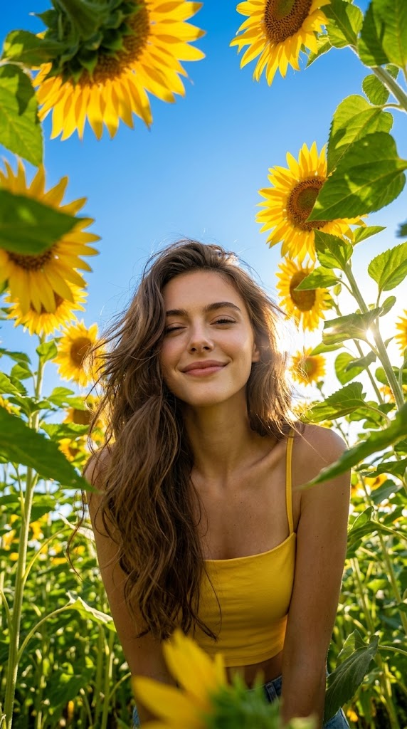 Low-Angle Sunflower Field Summer Portrait Prompt