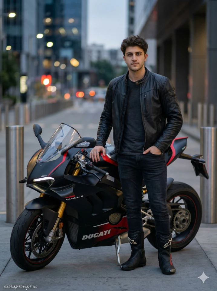 Luxury Street Motorcycle Portrait - Realistic DSLR Fashion Shot