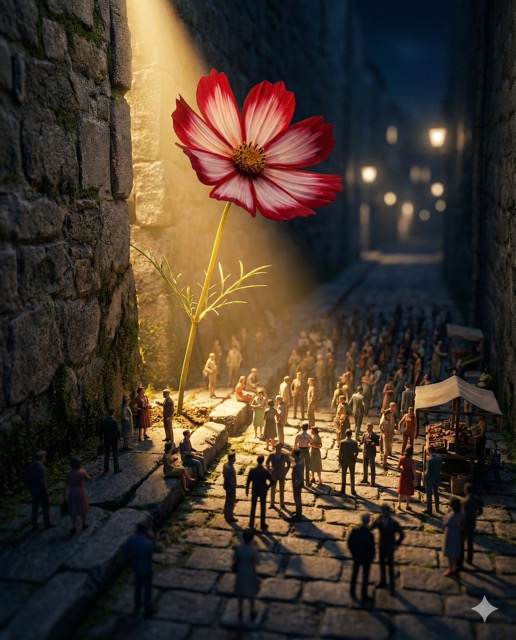 Miniature Civilization Under Giant Cosmos Flower Macro