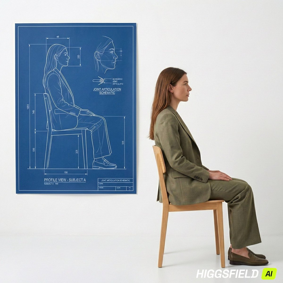 Minimalist Woman Profile Portrait with Technical Blueprint