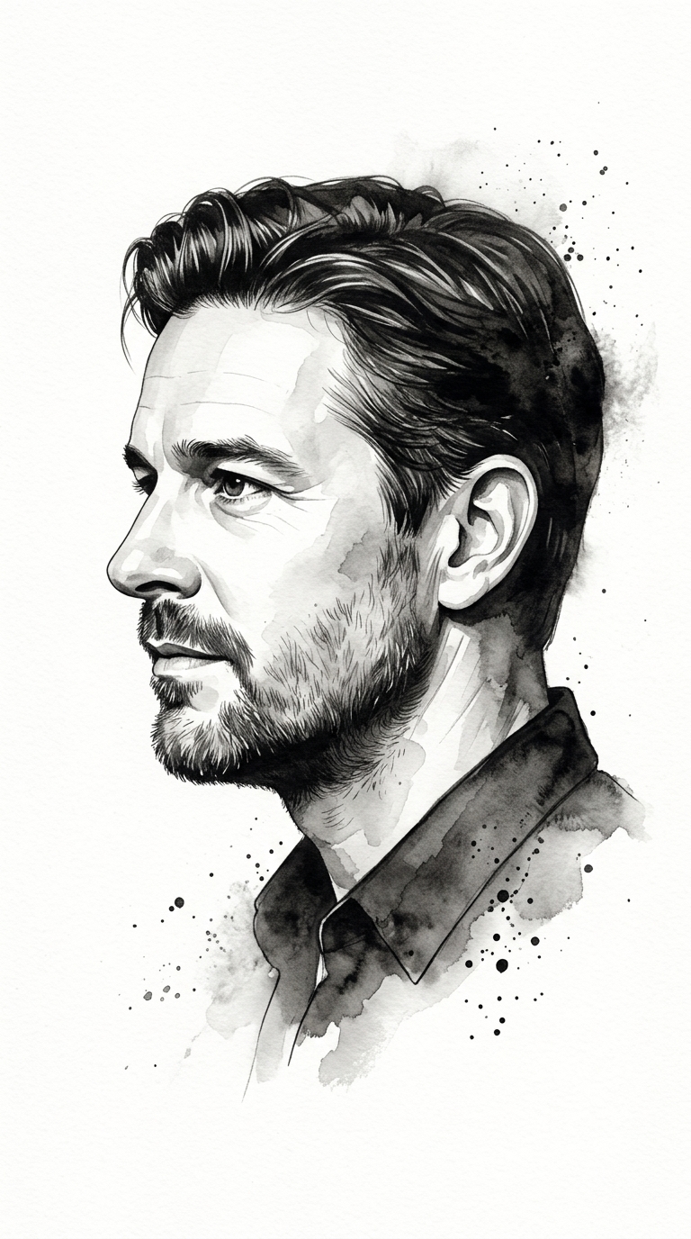 Monochrome Ink Portrait on White Background
