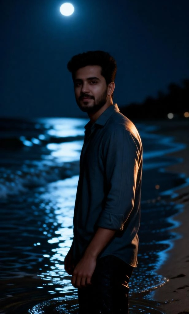 Moody Cinematic Night Beach Portrait Prompt