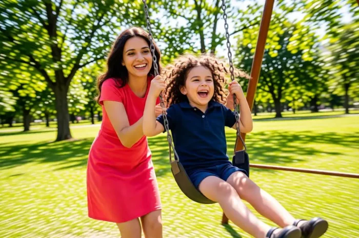 Mother and Daughter on Swing in Sunny Park