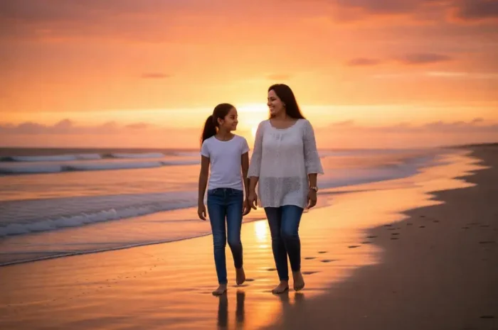 Mother & Daughter Beach Sunset AI Photo