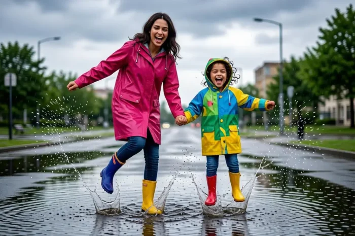 Mother & Daughter Jumping in Puddles AI Photo