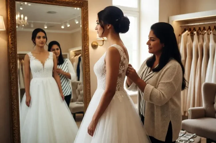 Mother Helping Daughter Choose Wedding Dress Prompt