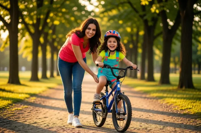 Mother Helping Daughter Ride Bike Park Golden Hour