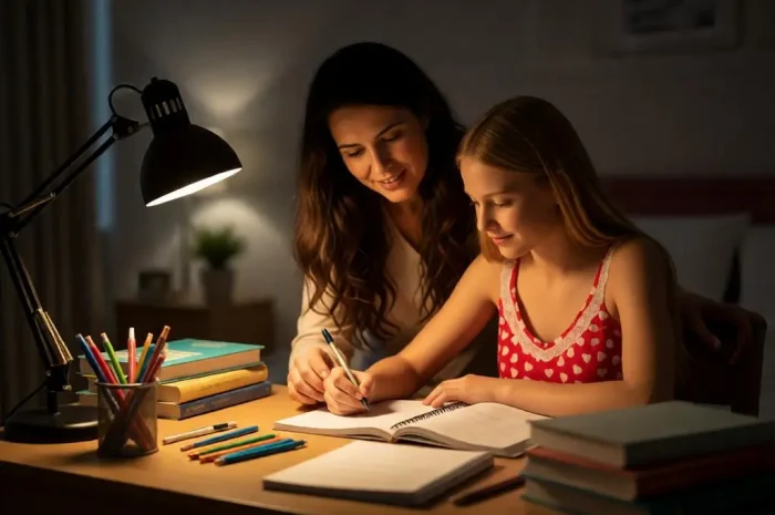 Mother Helping Daughter with Homework – Realistic Indoor Photo