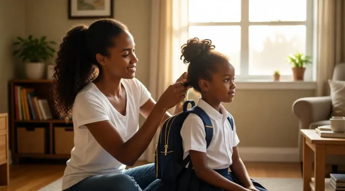 Mother Tying Daughter's Hair: Tender Morning Moment