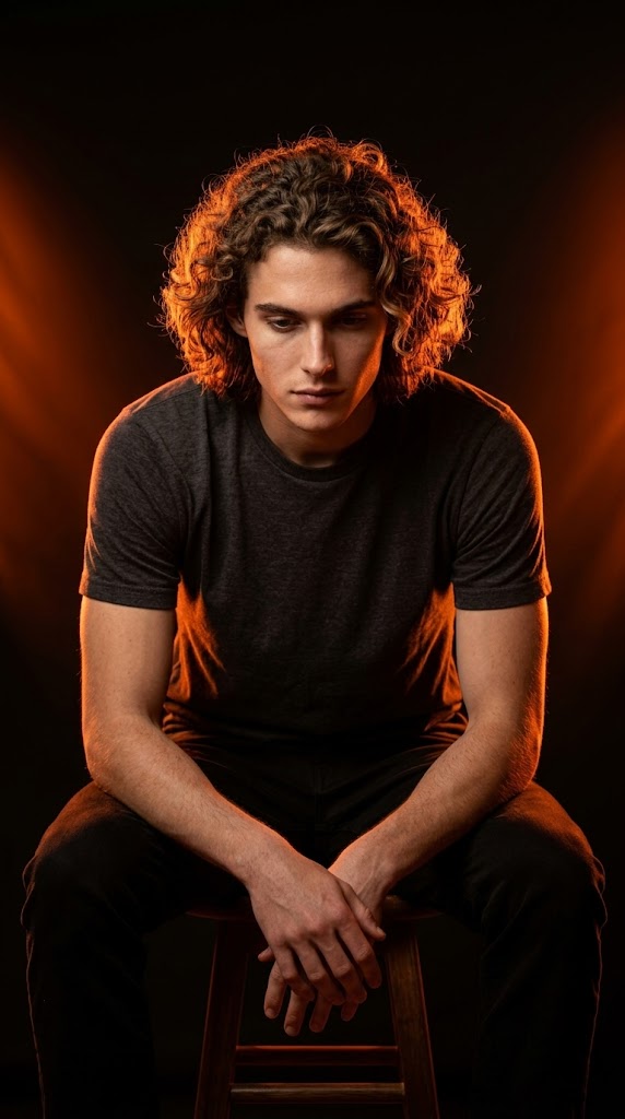 Neon Orange Rim Light Portrait in Dark Studio