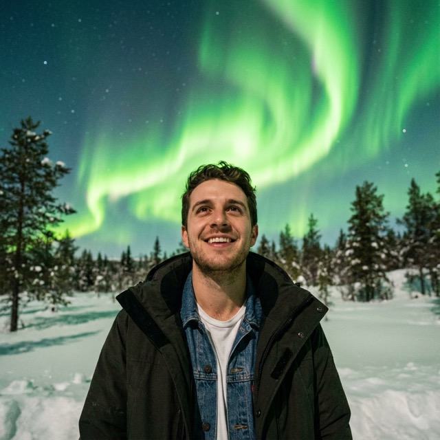 Northern Lights Portrait - Snowy Night Scene