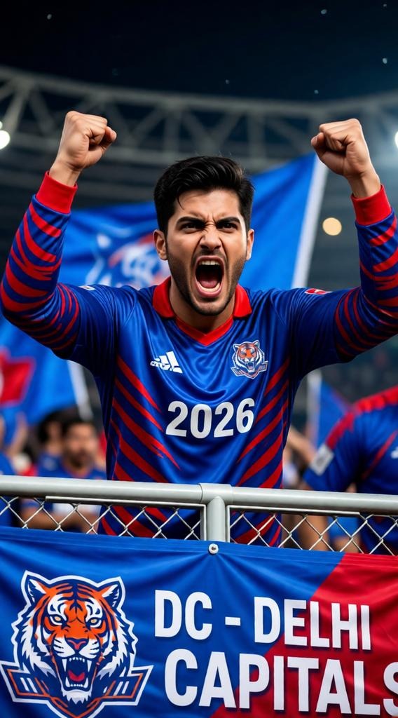 Photorealistic IPL Fan Action Shot – Delhi Capitals 2026