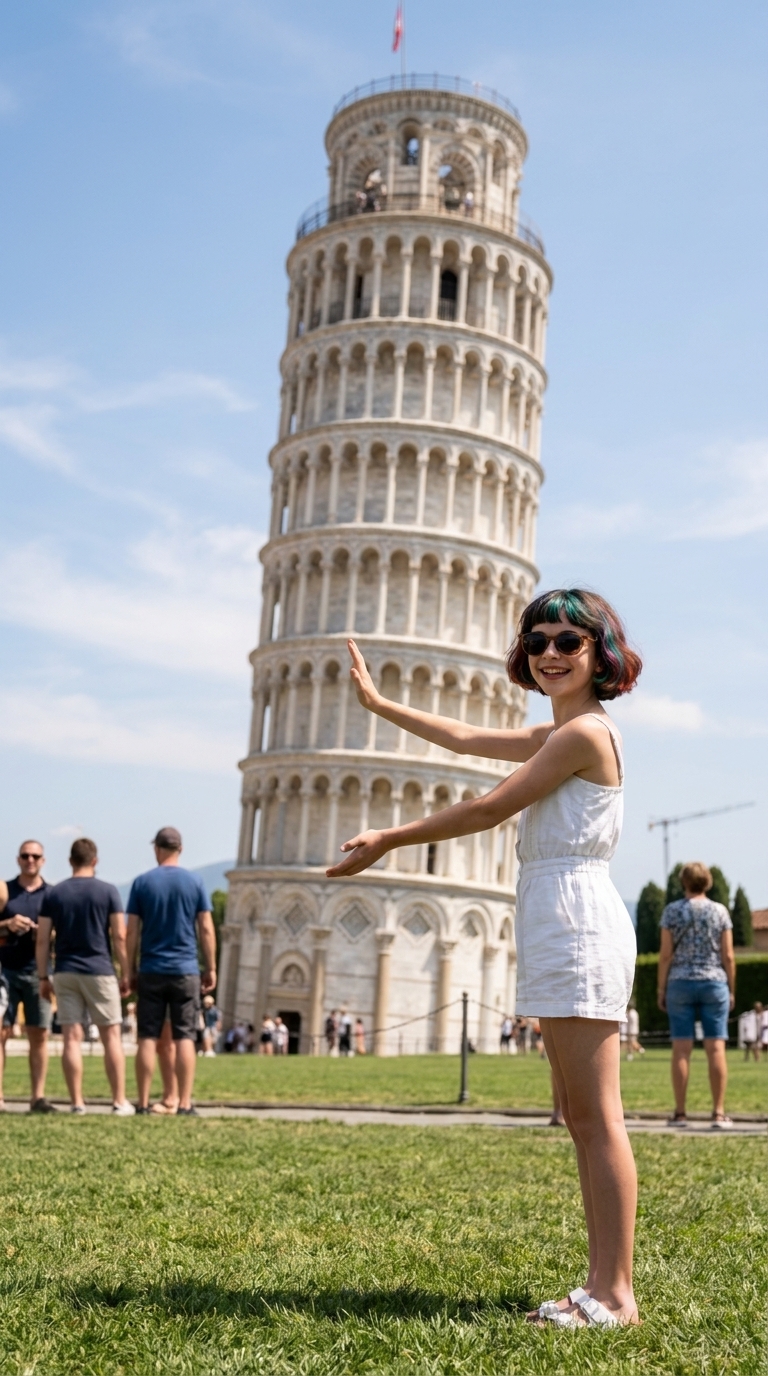 Playfully Holding Leaning Tower of Pisa in White Outfit with Sunglasses