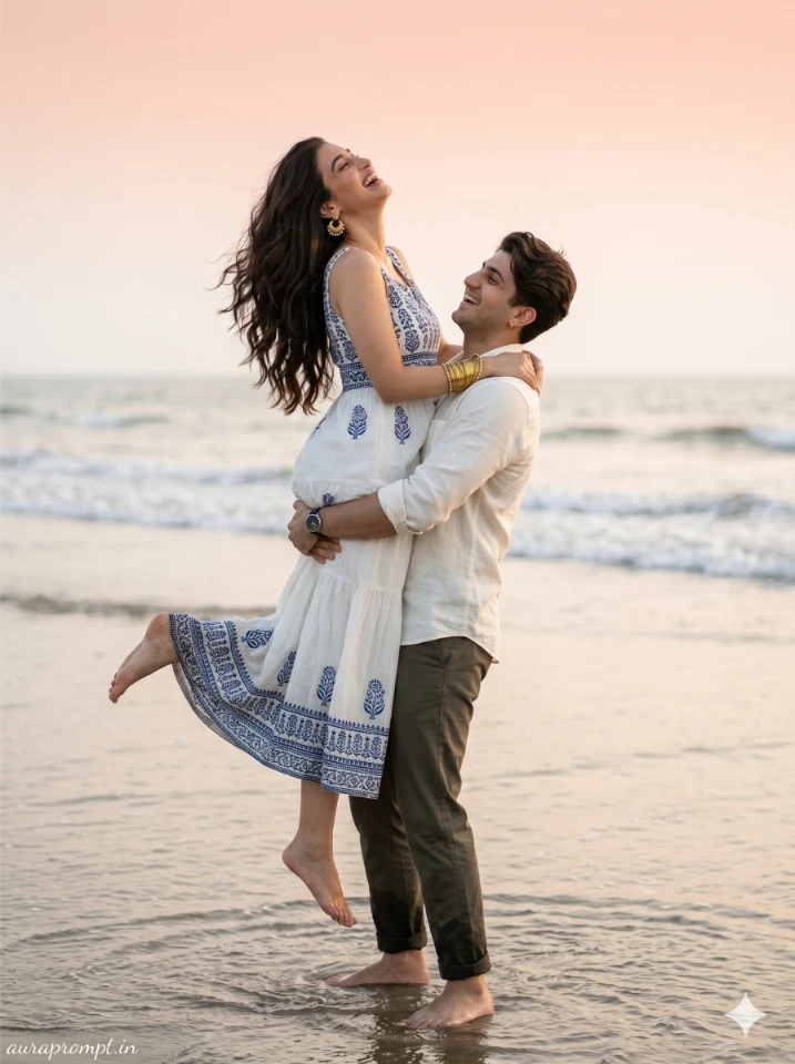 Romantic Beach Couple Pose Prompt with Precise Details