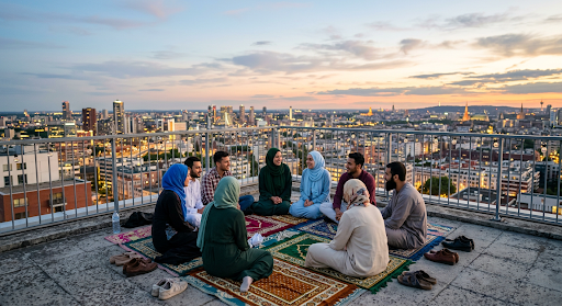 Rooftop Ramadan Prayer Scene – AI Photo Prompt