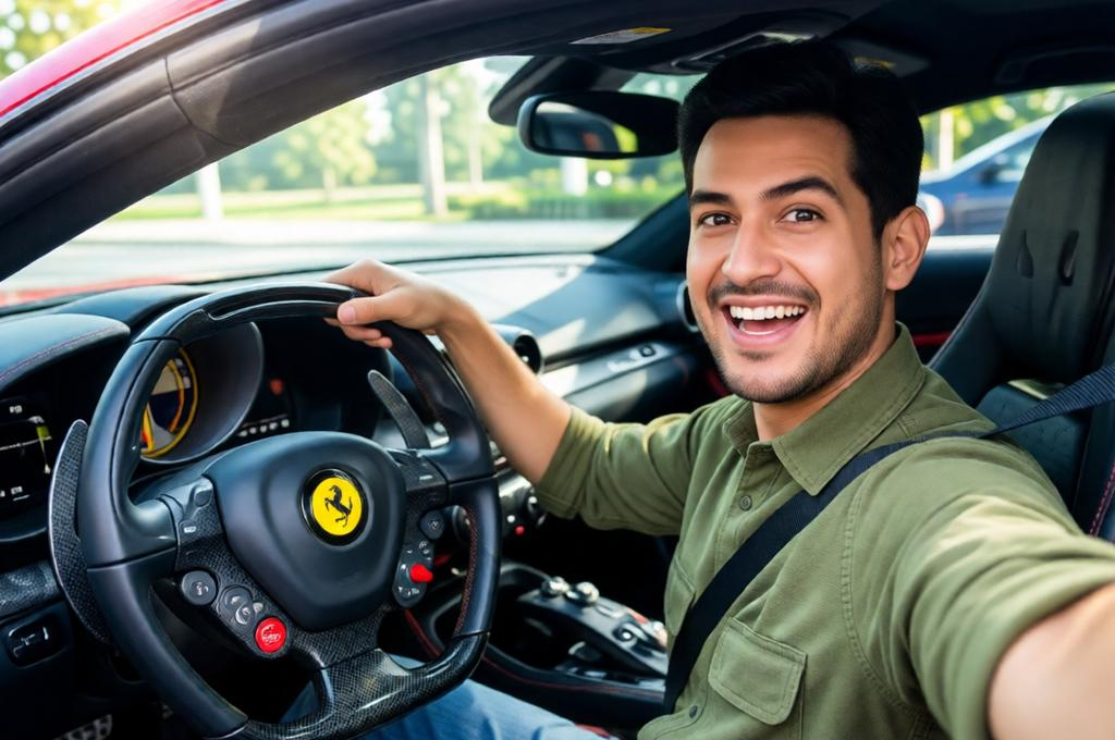 Selfie in Red Ferrari: Photorealistic 8K