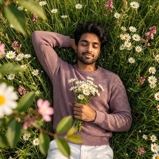 Serene Meadow Portrait of Young Man