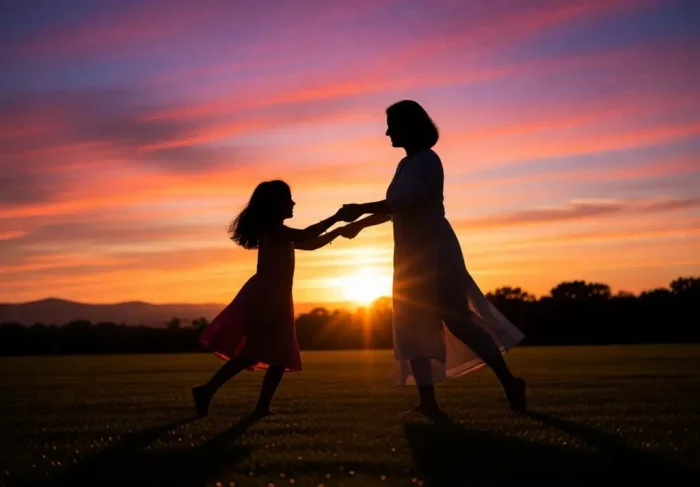 Silhouette Photo of Mother and Daughter Dancing at Sunset