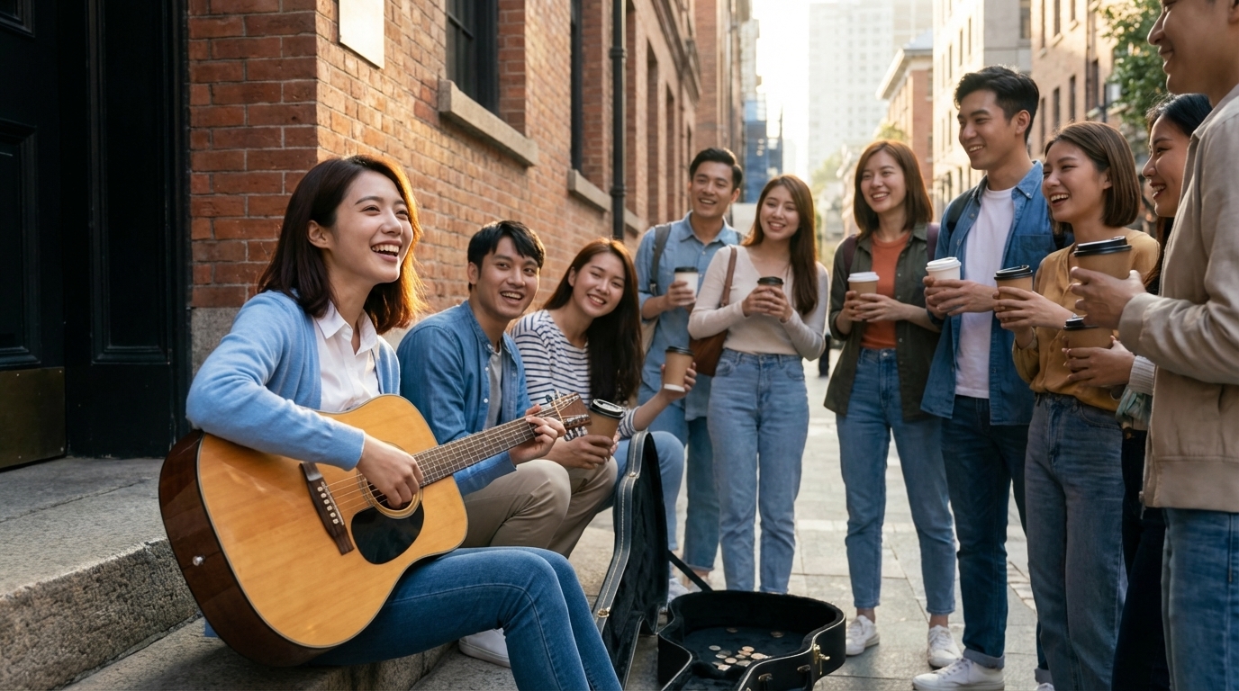 Street Guitar Photo with Crowd Enjoying