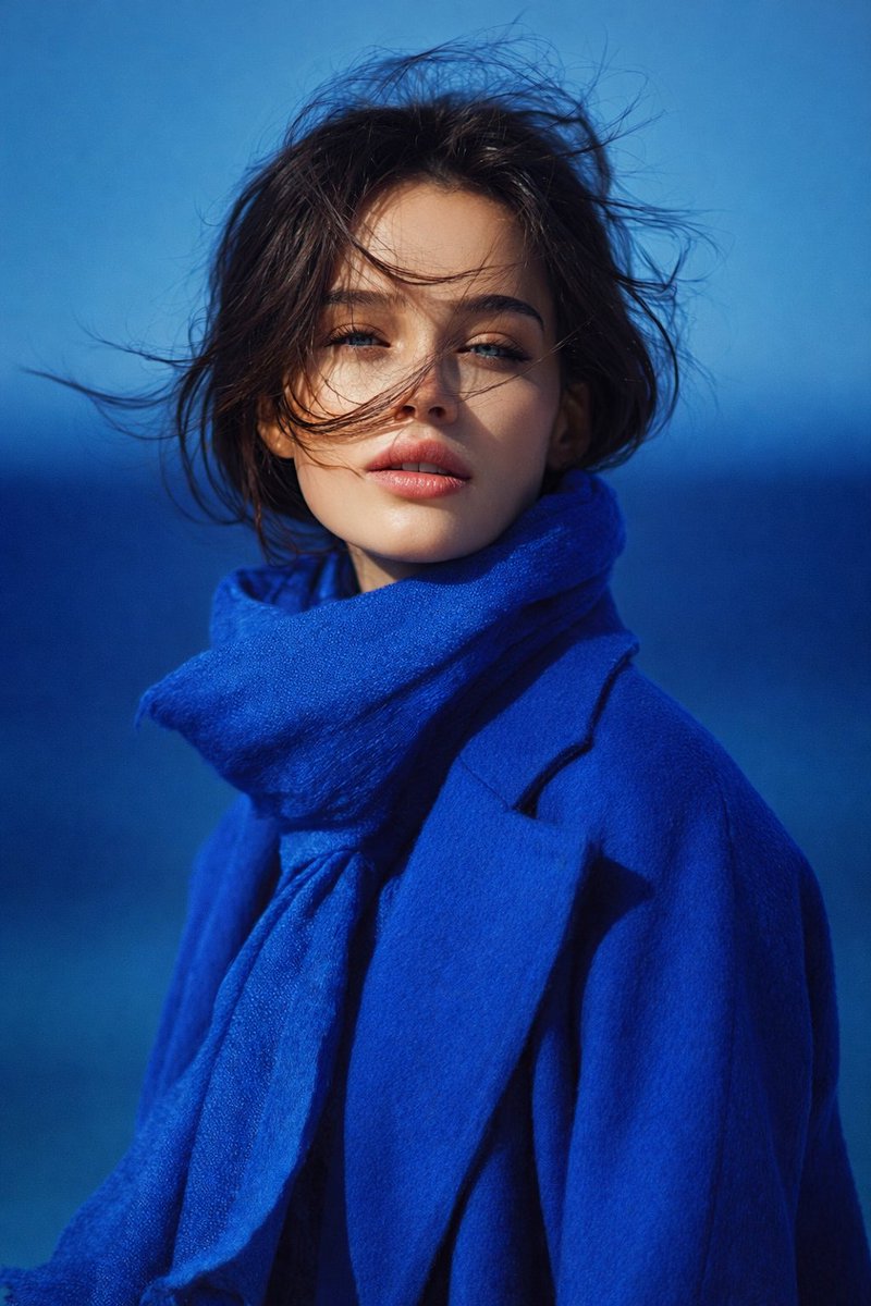 Stunning Royal Blue Portrait of Young Woman with Wind-Swept Hair