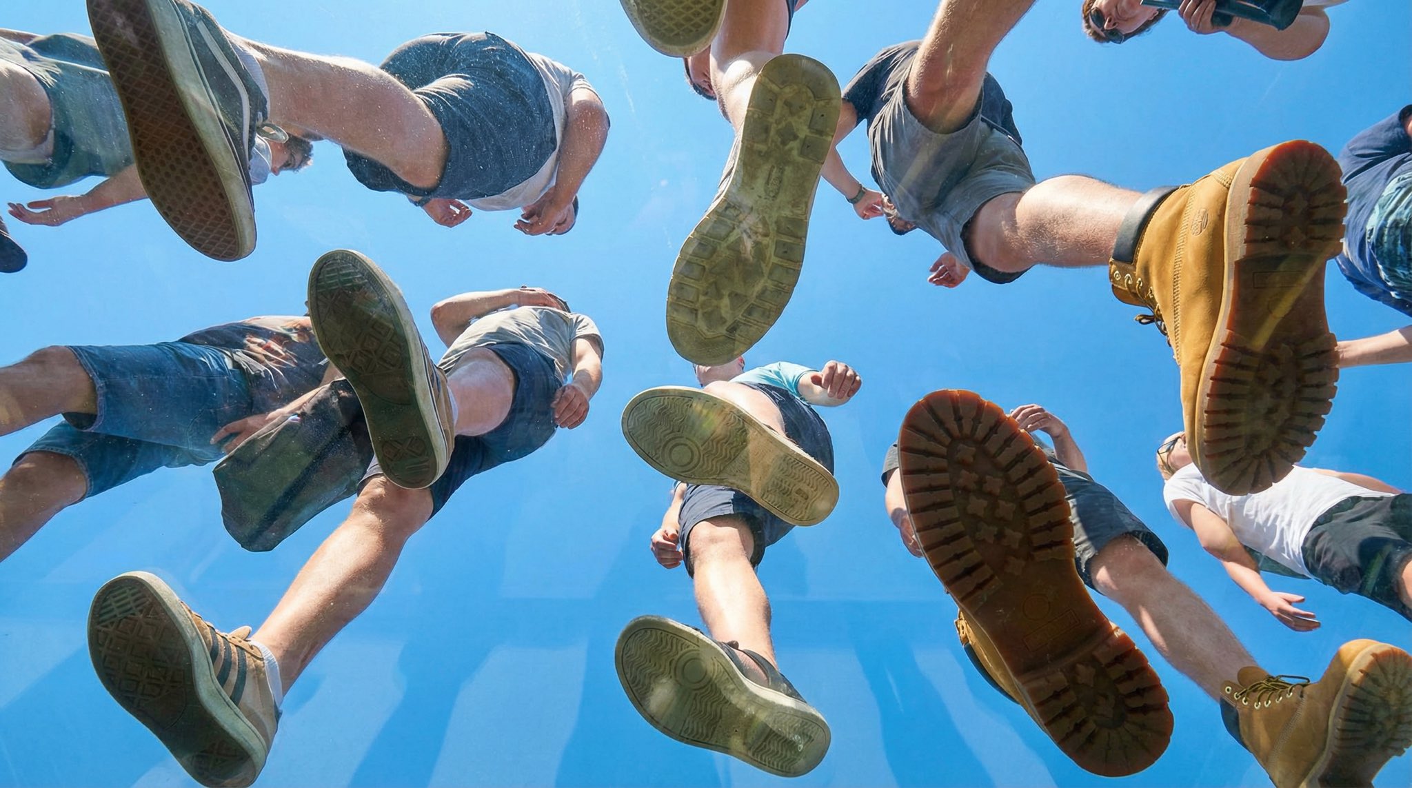 Transparent Plexiglass Floor Blue Sky People Walking