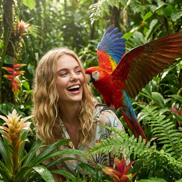 Tropical Forest Portrait with Laughing Person and Parrot