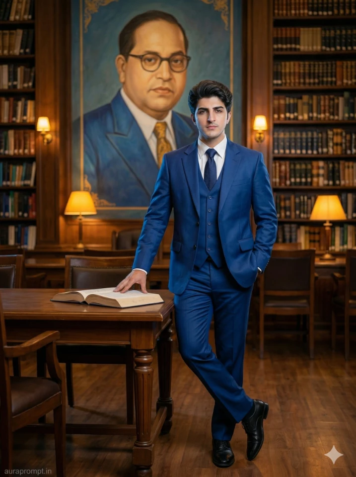 Ultra-Realistic Dr. Ambedkar Portrait with Literary Scene